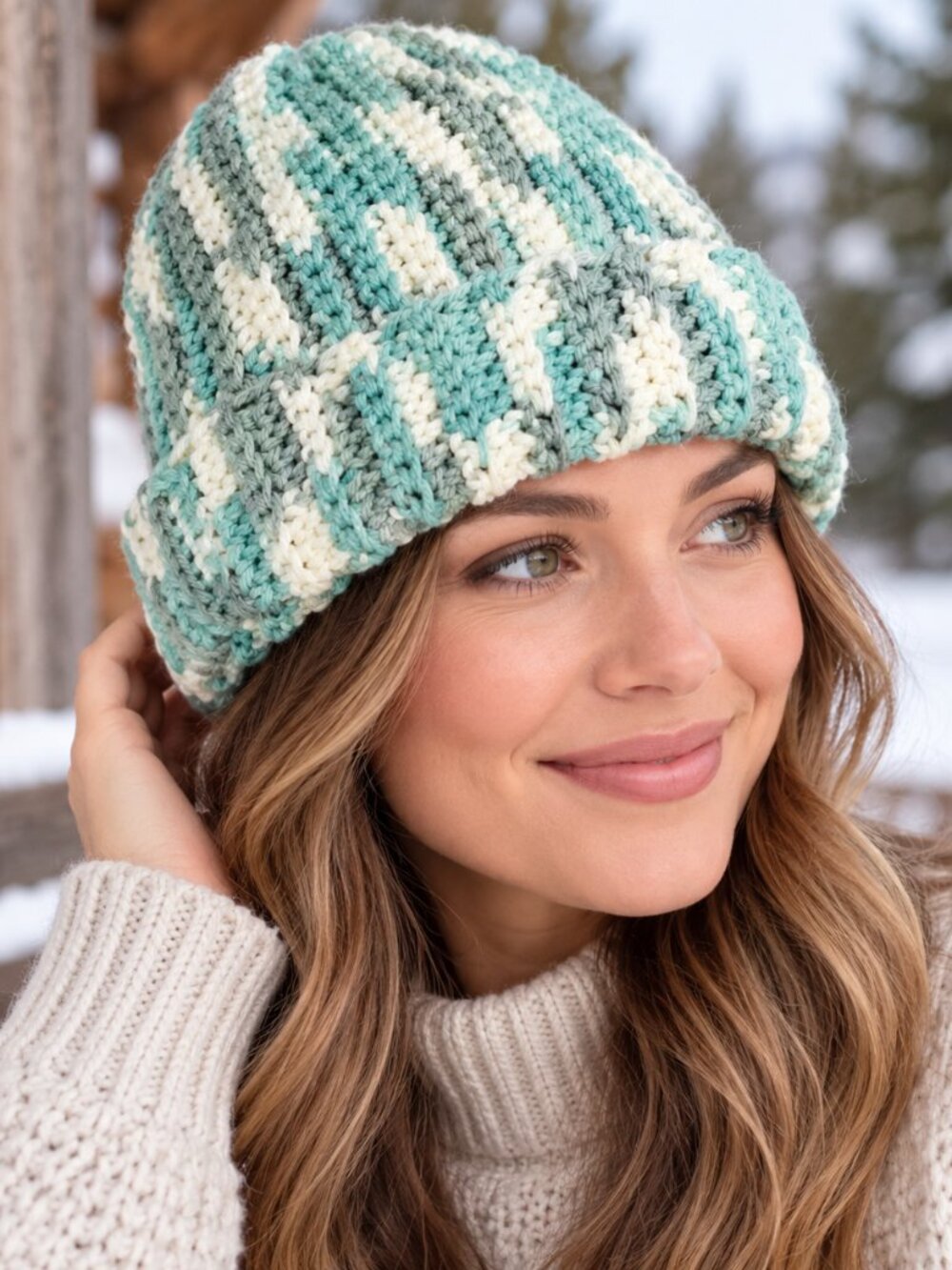 Handmade Crochet Beanie Hat Aqua Gray Cream Striped Cozy Winter Knit Cap